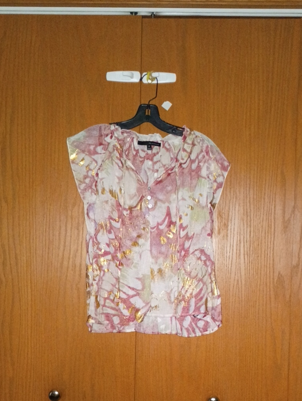 Harve Benard Pink & Gold Print Cap-Sleeve Blouse Size Medium